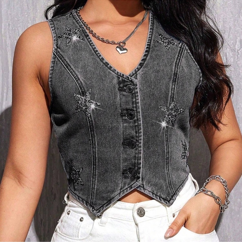 Glitter Star Button Down Denim Jean Western Vest